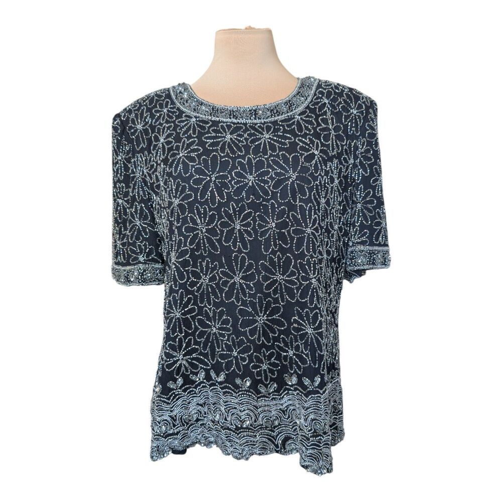 Stenay Evening Top Womens Black Silk Beaded Blouse Vintage 90s Size XL Cocktail